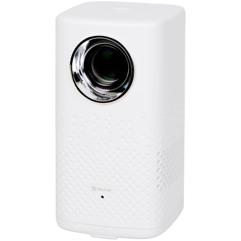 Witte Denver PR-4700 beamer van Action met de lens aan de voorkant, vrijstaand Witte Denver PR-4700 beamer van Action met de lens aan de voorkant, vrijstaand