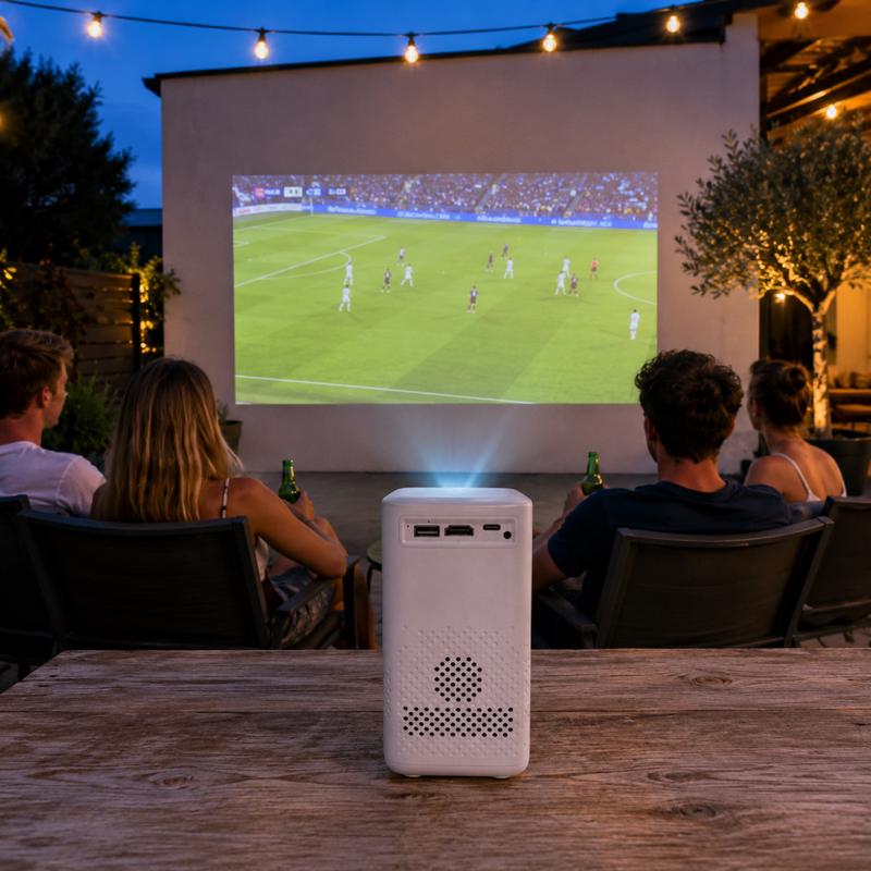 Mensen kijken 's avonds in de tuin naar voetbal via de Action beamer op een groot scherm Mensen kijken 's avonds in de tuin naar voetbal via de Action beamer op een groot scherm