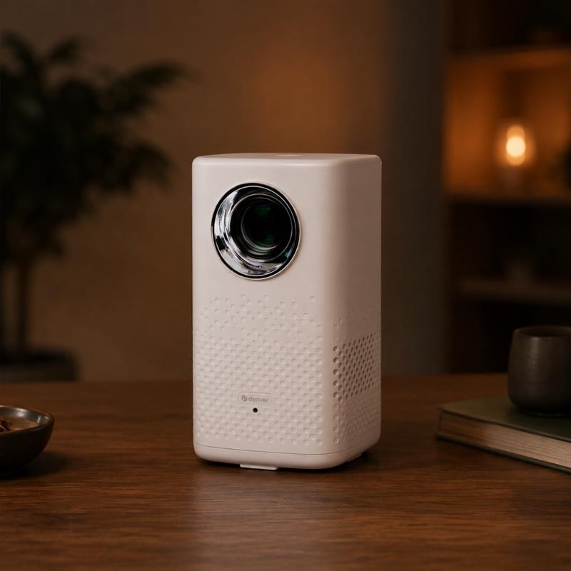 Witte Action beamer op een houten tafel in een donkere woonkamer Witte Action beamer op een houten tafel in een donkere woonkamer