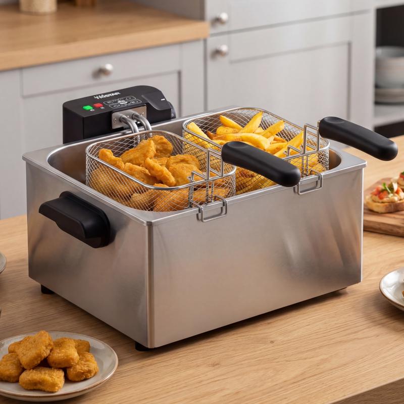 Action frituurpan op het aanrecht met friet en kipnuggets in twee mandjes Action frituurpan op het aanrecht met friet en kipnuggets in twee mandjes