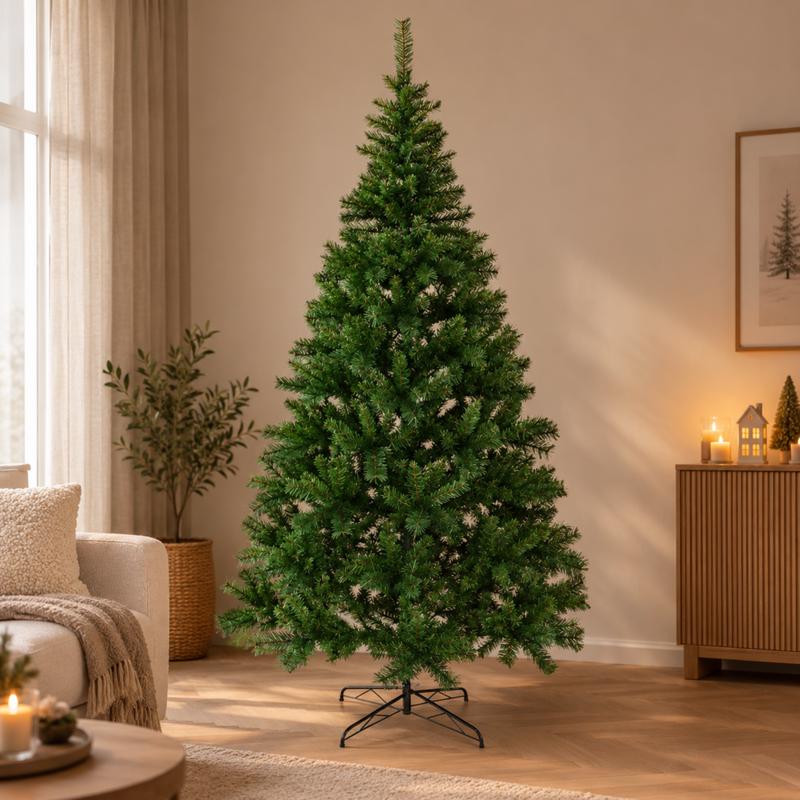 Onversierde Action Kerstboom XXL in een woonkamer naast een bank en een dressoir