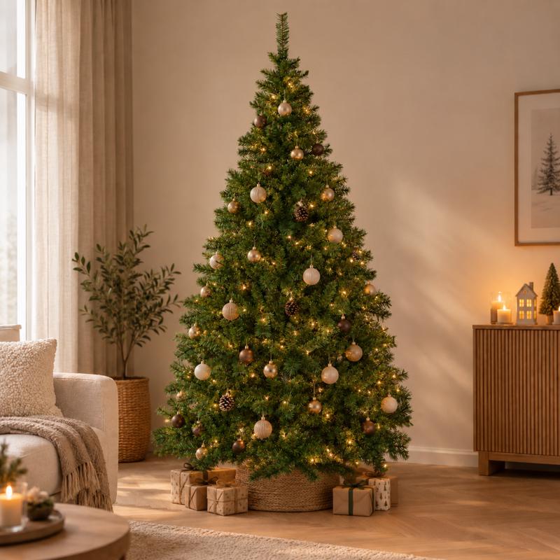 Versierde Action Kerstboom XXL van 250 cm met lampjes en ballen in een lichte woonkamer