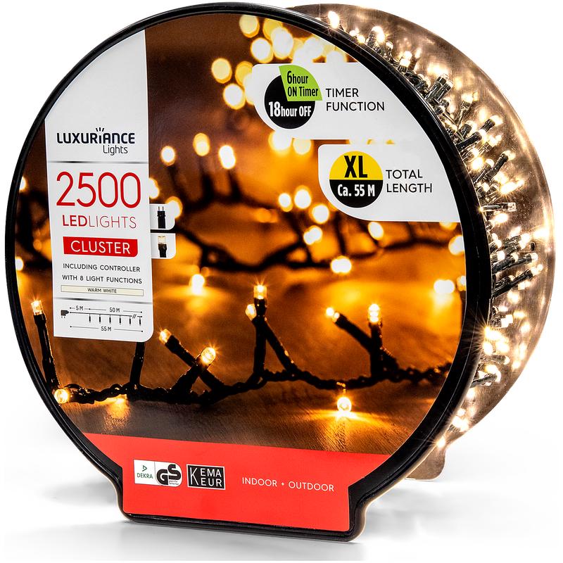 Ronde verpakking van de luxe kerstverlichting van Action met 2500 warm-witte ledlampjes en 55 meter lengte