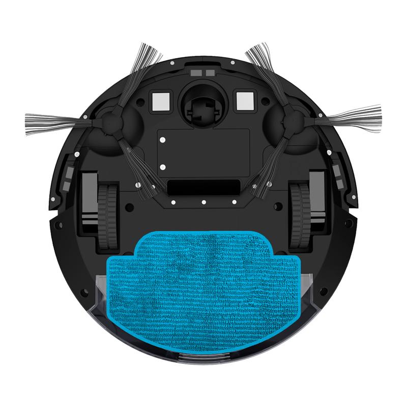 Onderkant van de Action robotstofzuiger met zijborstels, wielen en een blauwe dweildoek Onderkant van de Action robotstofzuiger met zijborstels, wielen en een blauwe dweildoek